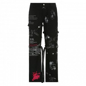 Женские брюки с принтами, надписями и декоративными элементами, цвет черный