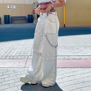 Женские широкие брюки с декоративными элементами, цвет белый