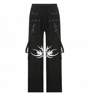 Женские брюки с декоративными элементами, принт "Пламя", цвет черный