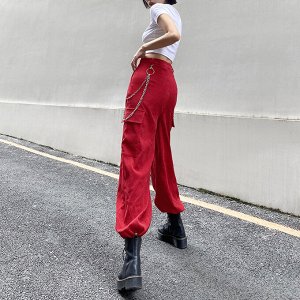 Женские вельветовые брюки, с декоративной цепочкой, цвет красный