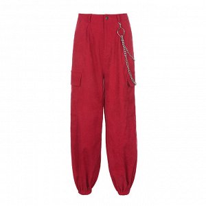 Женские вельветовые брюки, с декоративной цепочкой, цвет красный