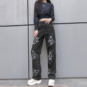Женские прямые джинсы, принт "Бабочки", цвет темно-серый