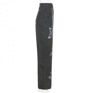 Женские прямые джинсы, принт "Бабочки", цвет темно-серый