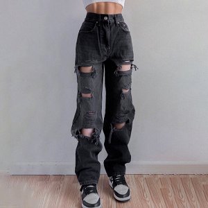Женские широкие джинсы с разрезами, цвет черный