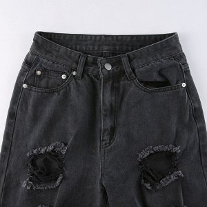 Женские широкие джинсы с разрезами, цвет черный