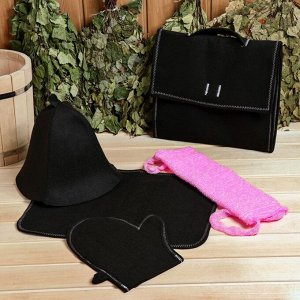 Набор для бани и сауны 5 в 1 (сумка, шапка, варежка, коврик, мочалка), чёрный