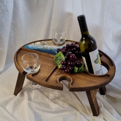 Новинки! Винный столики из дерева для дома и отдыха — Винный столик овальный с морским декором