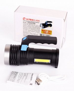 Фонарь  Ultra Flash  LED 53765 (фонарь аккум 4В, черный, 2LED, 3Вт, 4реж, USB, бокс)