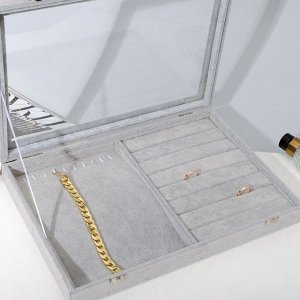 Подставка для украшений «Шкатулка» 10 крючков и 7 полос, 35x24x5, стеклянная крышка, цвет серый