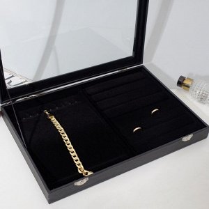 Подставка для украшений "Шкатулка" 10 крючков и 7 пол, 35*24*5, стеклянная крышка, цвет чёрный