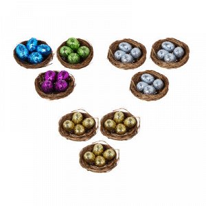 Декор Пасхальный в виде яиц в корзинке, набор 3 шт, 6,5-7 см, пенопласт, древесный материал, 3 вида