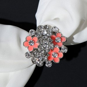 Кольцо для платка "Букет" из мини-цветочков, цвет бело-розовый в серебре