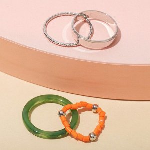 Набор кольца 4 шт. "Джипси" 1 на фалангу, бисер, цвет зелёно-оранжевый в серебре, размер 15-16
