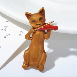 Брошь "Кот" играет на скрипке, цвет чёрно-белый в золоте