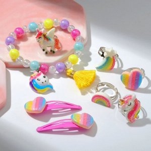 Комплект детский "Выбражулька" 8 предметов: 2 заколки, браслет, 5 колец, форма МИКС, цветной