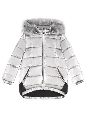 Куртка Зимняя стеганная куртка для девочки серебряного цвета. Детский пуховик на молнии с защитой от прищемления. Утеплитель - 300гр/м2. Зимнее пальто непродуваемое и непромокаемое с удлиненной спинко