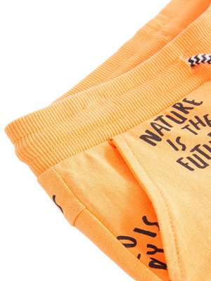 Шорты Оранжевые шорты выше колена для мальчиков с надписями. Имеют хорошую фиксацию благодаря резинке с завязками в поясе. Штанины с подворотами, а также карманы по бокам. Полностью натуральная ткань 