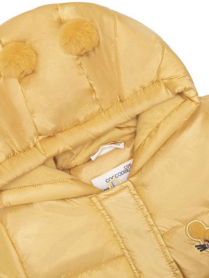 Куртка Зимняя куртка для девочки с варежками. Модная стеганная куртка с нашивками на груди и ушками-помпонами, а также рюшами. Детская куртка утепленная, непродуваемая и непромокаемая. Вес утеплителя 