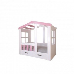 Детская кровать-чердак «Астра домик», с ящиком, цвет белый / розовый