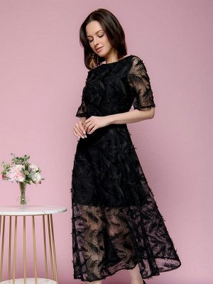 Платье черное с фатиновым верхом и короткими рукавами