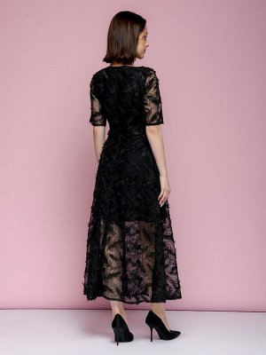 Платье черное с фатиновым верхом и короткими рукавами