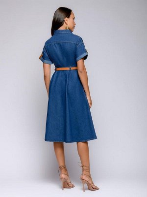 Платье джинсовое синее приталенного силуэта с отложным воротником