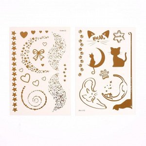 Детские татуировки-переводки, 10x15 см, набор 2 листа, золото, «Котики, сердца и звёзды»
