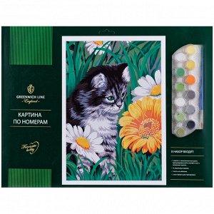 Картина по номерам Greenwich Line "Котик в цветах" A3, с акриловыми красками, картон, европодвес