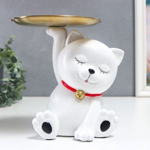 Сувенир полистоун подставка "Белый котик с колокольчиком на ошейнике" 20х13х15,5 см