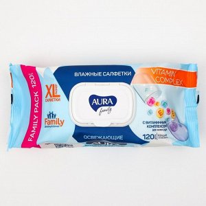 Влажные салфетки Aura family освежающие размер XL для всей семьи с витаминам, 120 шт.