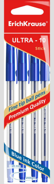 Ручка шарик "ErichKrause Ultra-10" 0.5мм синяя в упак. 4шт. 1/12 арт. ЕК-46781