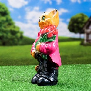 Садовая фигура "Кот большой с тюльпанами" малиновый 40см