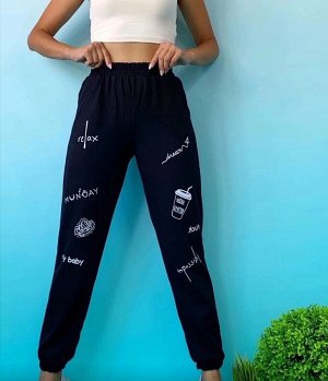 Спортивные штаны женские 4004 "Однотон Рисунки + Надписи" Черные