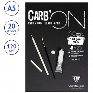 Скетчбук 20л. А5 на склейке Clairefontaine ""Carb'ON"", 120г/м2, мелкозернистая бумага, черные листы.