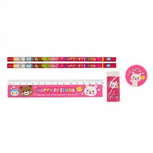 Набор канцелярский детский, 6 предметов (2 шт карандашей+ластик+точилка+линейка+пенал), розовый