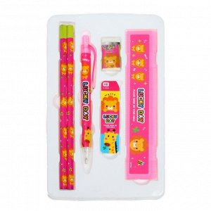 Набор канцелярский детский, 6 предметов (3 шт карандашей+ластик+грифели+линейка), розовый