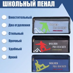 Пенал школьный "Спорт" на молнии, 2 отделения, МИКС