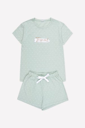Пижама(Весна-Лето)+mom (пастельный зеленый, горошек)