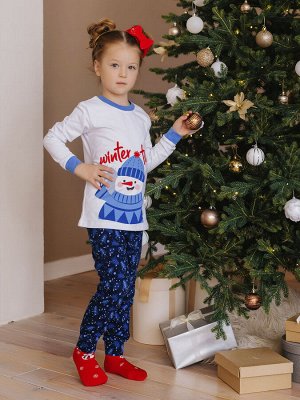 Пижама детская с длинным рукавом БЕЗ начеса цвет Бело-синий
