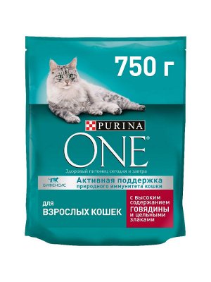 Сухой корм Purina ONE для взрослых кошек, с высоким содержанием говядины и цельными злаками, 750 г