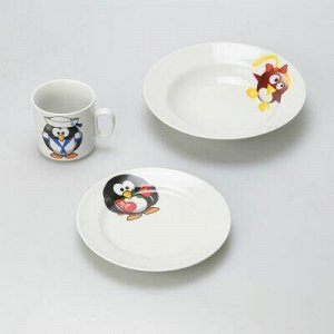 Набор посуды фарфоровый 3 предмета "Пингвинчики", форма "Идиллия" (Беларусь)