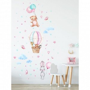 Интерьерные наклейки "Звери и воздушный шар" 38х130 см розовый