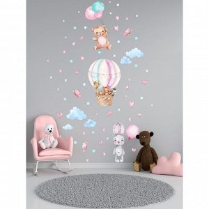 Интерьерные наклейки "Звери и воздушный шар" 38х130 см розовый
