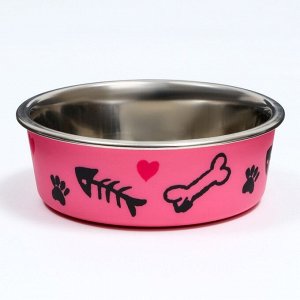 Миска металлическая в пластиковом корпусе "Собачья любовь", 445 мл, розовая
