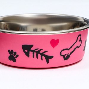 Миска металлическая в пластиковом корпусе "Собачья любовь", 445 мл, розовая