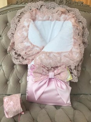 Летний конверт-одеяло на выписку "Милан" (розовый с розовым кружевом)