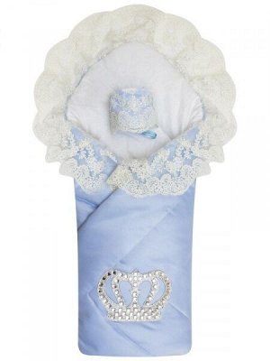 Летний конверт-одеяло на выписку "Империя" голубой с молочным кружевом и большой короной на липучке