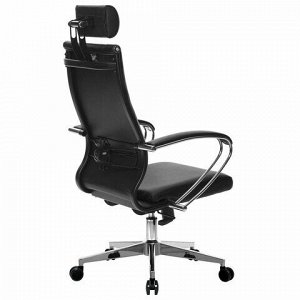 Кресло офисное МЕТТА "К-32" хром, рецик. кожа, подголовник, сиденье и спинка мягкие, черное