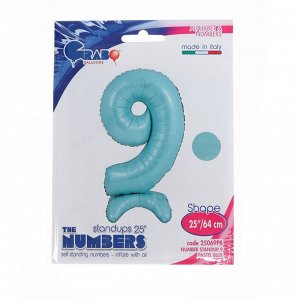 Шар фольгированный 25" «Цифра 9», на подставке, для воздуха, цвет пастельно-голубой