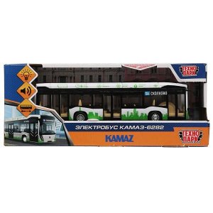 KAMAZBUS-20PL-WHGN Модель пластик свет-звук ЭЛЕКТРОБУС КАМАЗ-6282 19,5 см, 3 кнопк, белый, кор. Технопарк в кор.48шт